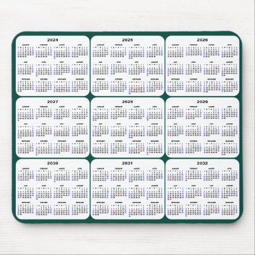 2024 _ 2032 Calendar with US Holidays Dark Green Mouse Pad