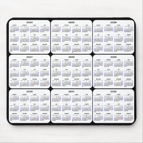 2024 _ 2032 Calendar with US Holidays on Black Mouse Pad