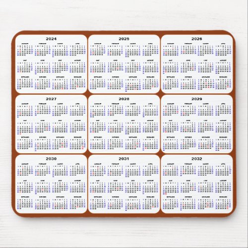 2024 _ 2032 Calendar with US Holidays on Brown Mouse Pad