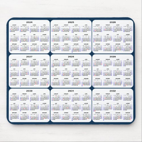 2024 _ 2032 Calendar with US Holidays on Dark Blue Mouse Pad