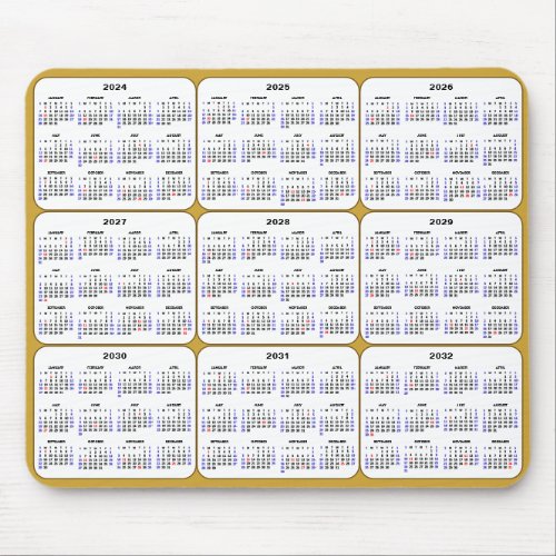 2024 _ 2032 Calendar with US Holidays on Gold Mouse Pad