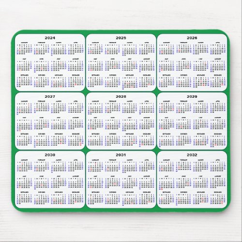 2024 _ 2032 Calendar with US Holidays on Green Mouse Pad