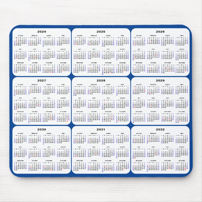 2024 - 2032 Calendar with US Holidays on Navy Blue Mouse Pad (Front)