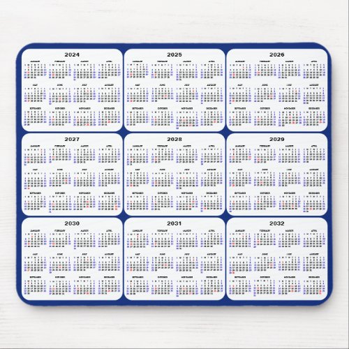 2024 _ 2032 Calendar with US Holidays on Navy Blue Mouse Pad