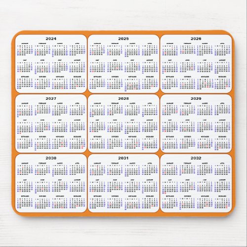 2024 _ 2032 Calendar with US Holidays on Orange Mouse Pad