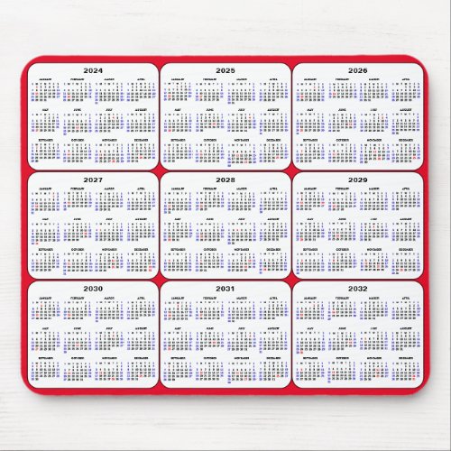 2024 _ 2032 Calendar with US Holidays on Red Mouse Pad