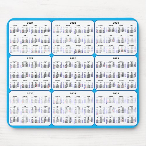 2024 _ 2032 Calendar with US Holidays on Sky Blue Mouse Pad