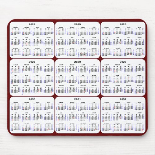 2024 _ 2032 Calendar with US Holidays Red Burgundy Mouse Pad