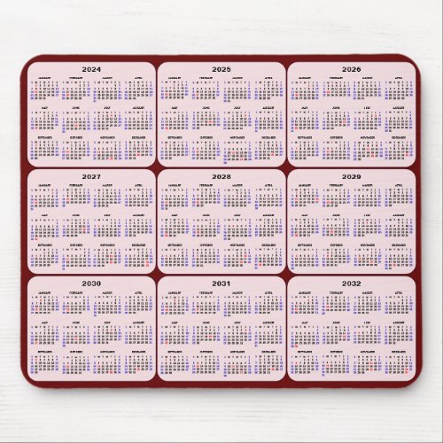 2024 _ 2032 Calendar with US Holidays Red Pink Mouse Pad