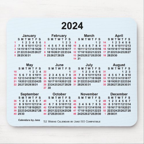 2024 Alice Blue 52 Weeks ISO Calendar by Janz Mouse Pad