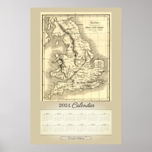 2024 Anglo_Saxon England Vintage Map Calendar Poster