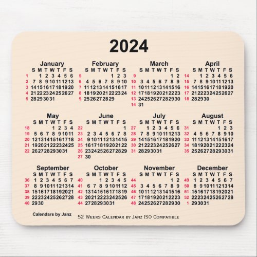 2024 Antique White 52 Weeks ISO Calendar by Janz Mouse Pad