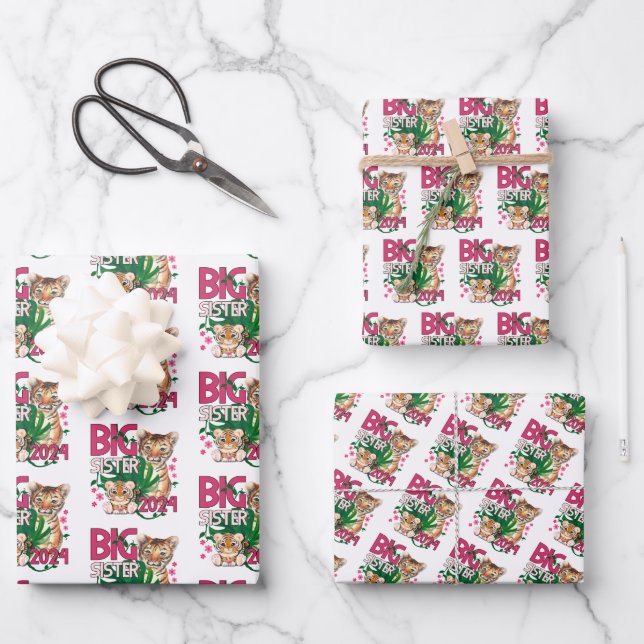 2024 Big Sister - Tropical Jungle Tiger Wrapping Paper Sheets (Front)