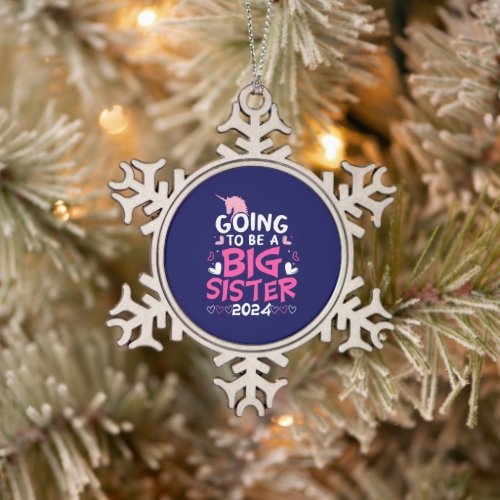 2024 Big Sister Unicorn Hearts Snowflake Pewter Christmas Ornament