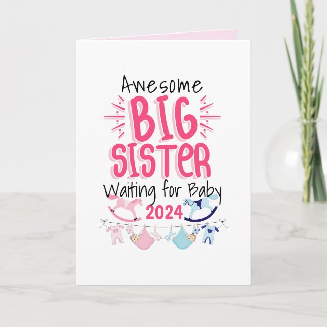 2024 Big Sister Waiting for New Baby Sibling Card (Front)