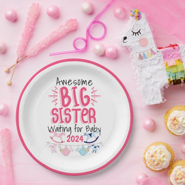 2024 Big Sister Waiting for New Baby Sibling Paper Plates (Party)