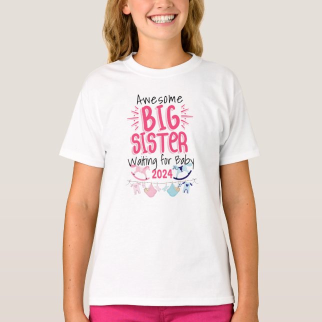 2024 Big Sister Waiting for New Baby Sibling T-Shirt (Front)