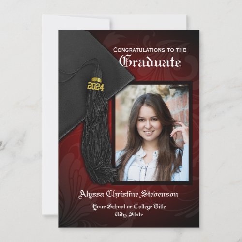 2024 Black and Red Tassel Charm Photo Graduation Invitation