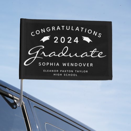 2024 Black and White Script Caps Graduation Car Flag