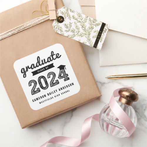 2024 Black Bold Sketch Graduate Modern Graduation Square Sticker