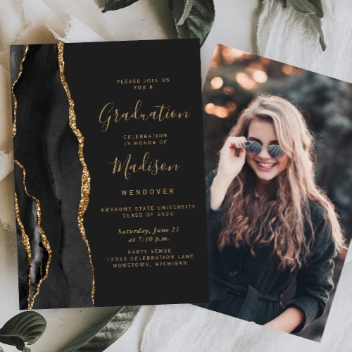 2024 Black Gold Agate Photo Dark Graduation Invitation