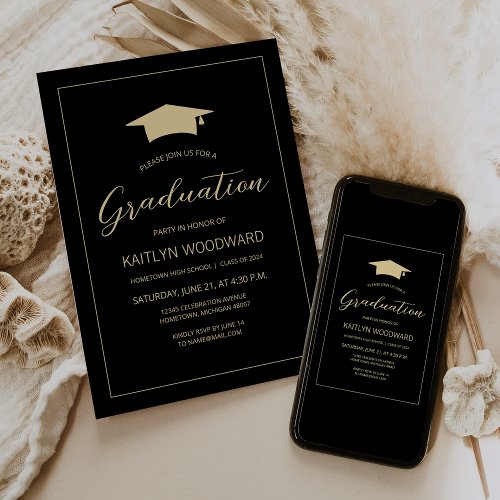 2024 Black Gold Cap Modern Graduation Party Invitation