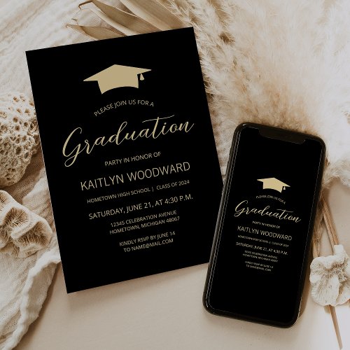 2024 Black Gold Cap Modern Graduation Party Invitation