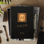 2024 Black gold monogrammed script name elegant Planner<br><div class="desc">Luxury exclusive looking name signature script and double monogram office or personal notebook featuring a faux copper metallic gold glitter square over a stylish black faux leather (PRINTED) background. Suitable for small business, corporate or independent business professionals, students, personal branding or stylists specialists, makeup artists or beauty salons, and boutique...</div>