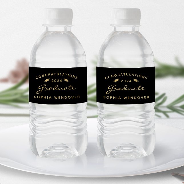 2024 Black Gold Script Cap Graduation Water Bottle Label (Creator Uploaded)