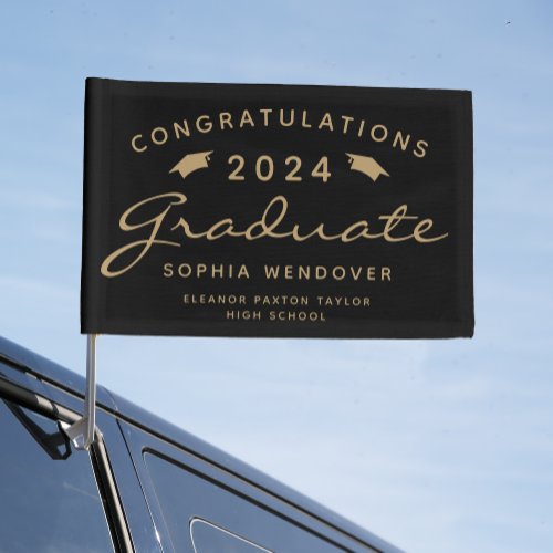 2024 Black Gold Script Caps Graduation Car Flag