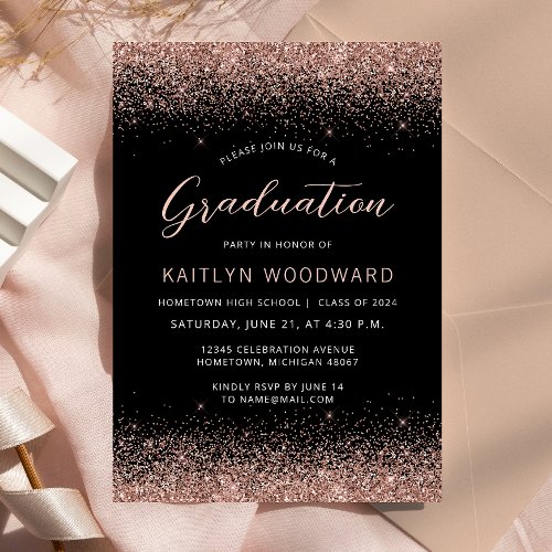 2024 Black Rose Gold Glitter Graduation Party Invitation