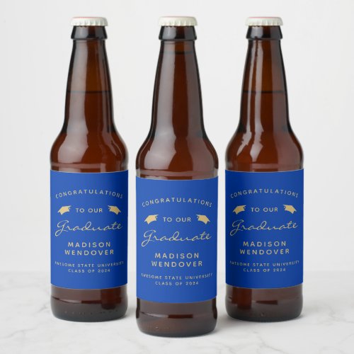 2024 Blue Gold Script Cap Graduation Beer Bottle Label