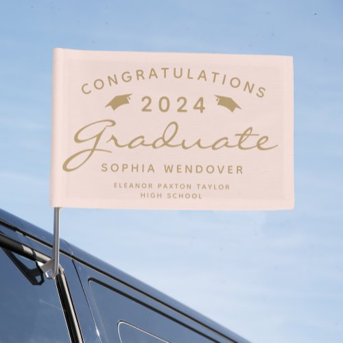 2024 Blush Pink Gold Script Caps Graduation Car Flag