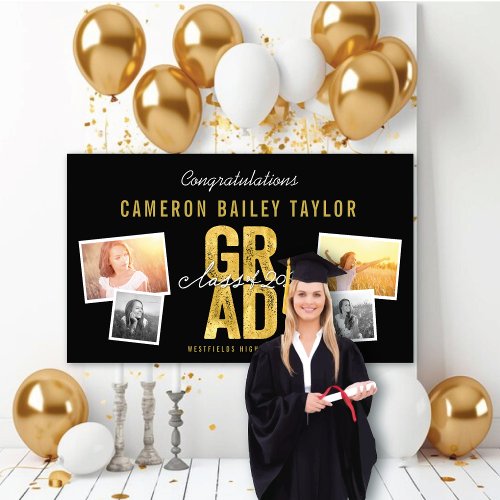 2024 Bold Gold Foil GRAD 4 Photo Graduation Party Banner