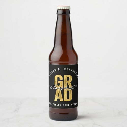 2024 Bold GRAD Gold Foil Stylish Graduation Party Beer Bottle Label