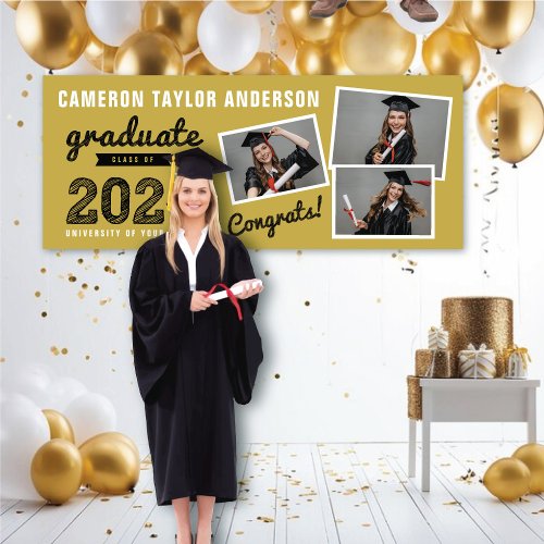 2024 Bold Sketch 3 Photo Collage Graduation Party Banner