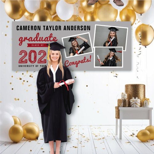 2024 Bold Sketch 3 Photo Collage Graduation Party Banner