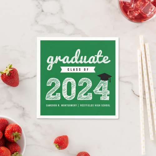 2024 Bold Sketch Green Modern Graduation Party Napkins