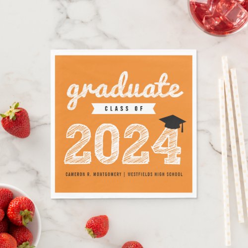2024 Bold Sketch Orange Modern Graduation Party Napkins