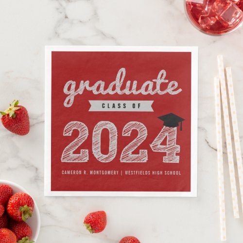 2024 Bold Sketch Text Red Modern Graduation Party Paper Dinner Napkins