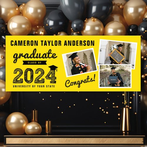 2024 Bold Sketch Three Photo Collage Grad Party Banner