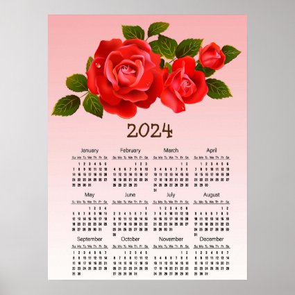 2024 Bouquet of Red Roses Calendar Poster