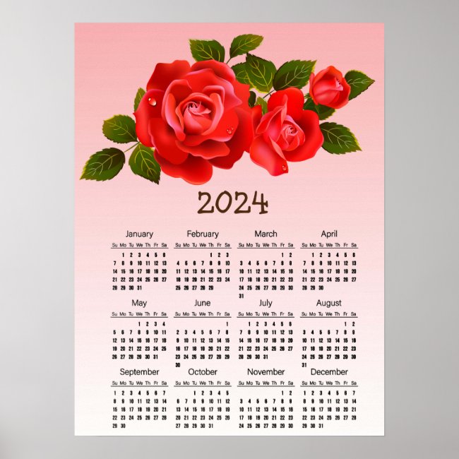 2024 Bouquet of Red Roses Calendar Poster