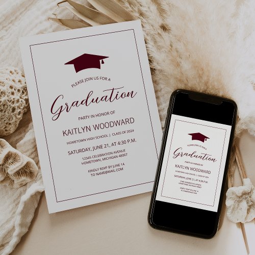 2024 Burgundy Cap Modern Graduation Party Invitation