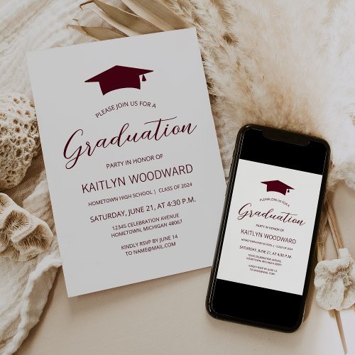 2024 Burgundy Cap Modern Graduation Party Invitation