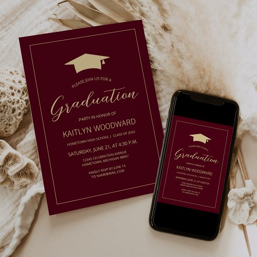 2024 Burgundy Gold Cap Modern Graduation Party Invitation