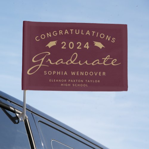 2024 Burgundy Gold Script Caps Graduation Car Flag