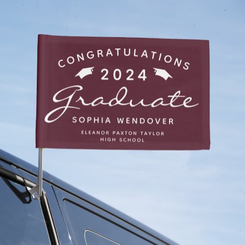 2024 Burgundy White Script Caps Graduation Car Flag