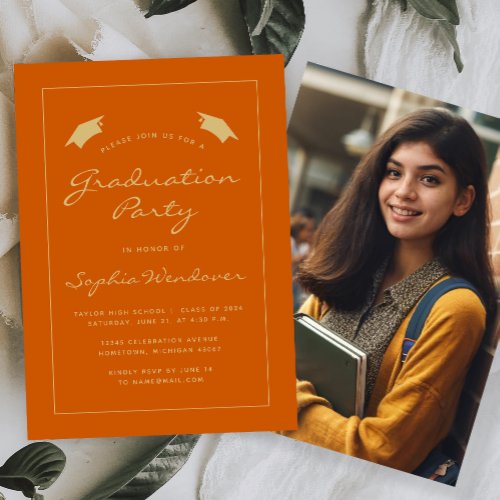 2024 Burnt Orange Gold Border Graduation Party Invitation