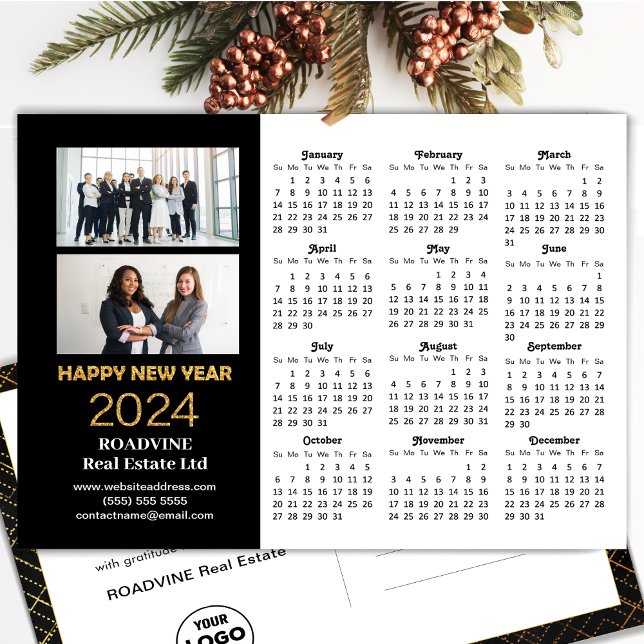 2024 Business 2 Photo Modern Gold Black Calendar Holiday Postcard (Creator Uploaded)
